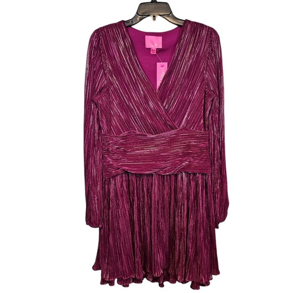 Lilly Pulitzer Jessamie Crinkle Foil Swing Ruffle Fushia Magenta Metallic V-Neck - Picture 1 of 8